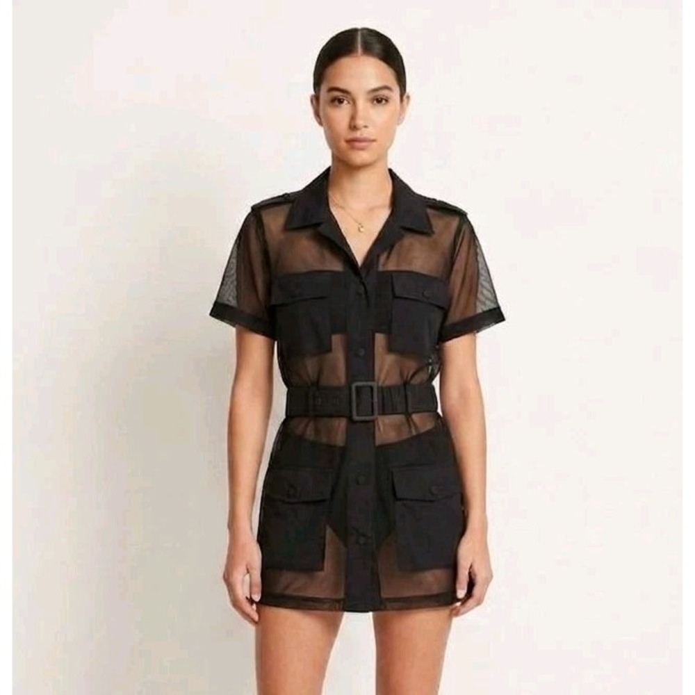 Solid & Striped Black Mesh Utility Sheer Belted Shirt Mini Dress Cover Up Sz S